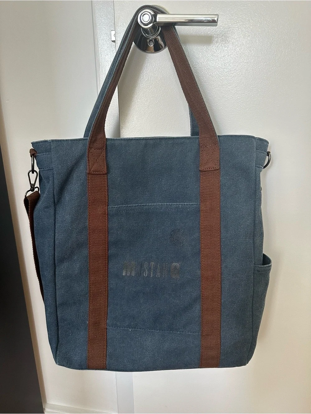 Canvas Messenger Tote in Blue with Brown Straps